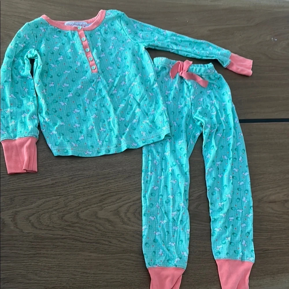 American girl Kit puppy green teal Kids Pajamas Set - Green and Pink 7/8